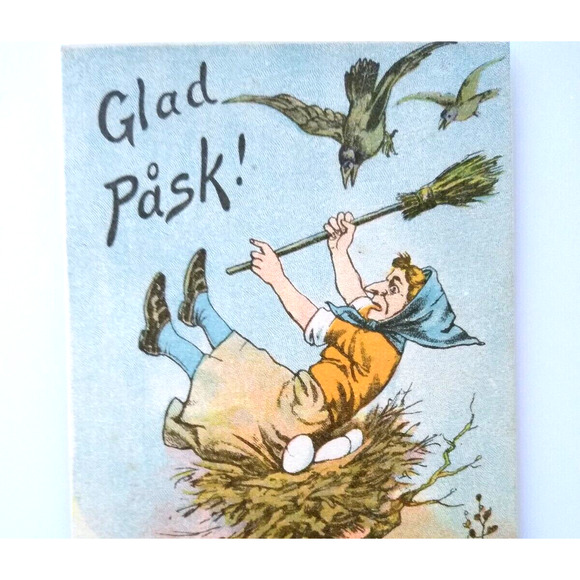 Easter Witch Postcard Fantasy Glad Pask Sitting In Birds Nest On Eggs Sweden - Picture 1 of 3